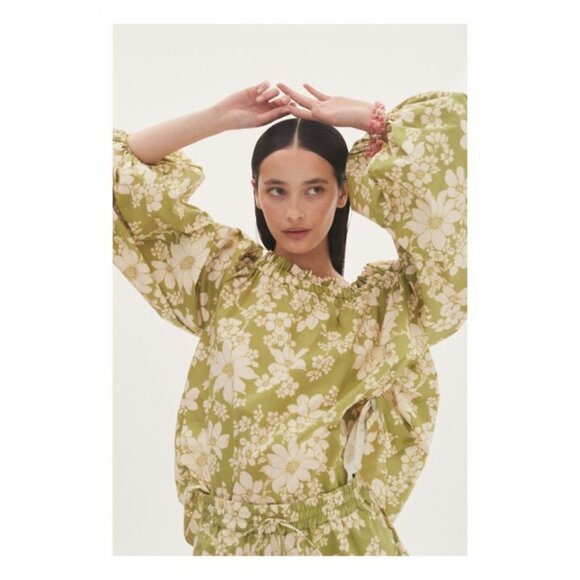 ALEMAIS NEW Leisa Organic Cotton Blouse Green Size 0 Floral Print Retro - Picture 1 of 9